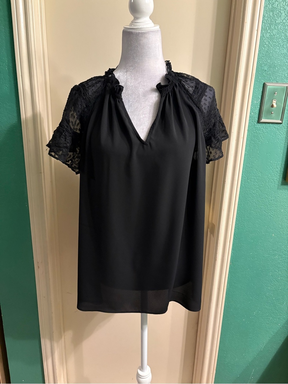 Express Black V-Neck Blouse with Lace Flutter Sleeves